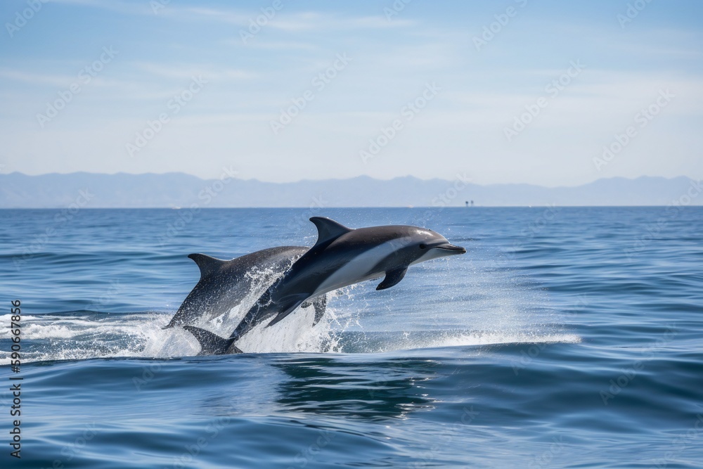 Fototapeta premium Beach Landscape Dolphins playfully leaping in the distance 3- AI Generative