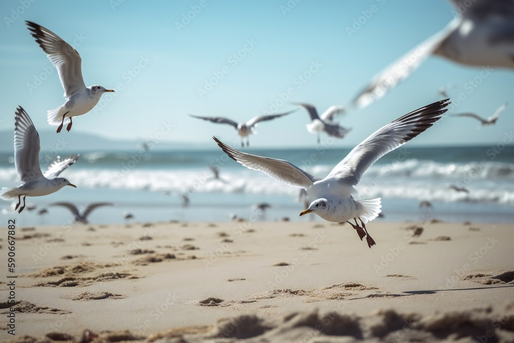 Beach Landscape Seagulls diving and soaring in search of a snack - AI Generative Beach Landscape Seagulls diving and soaring in search of a snack - AI Generative