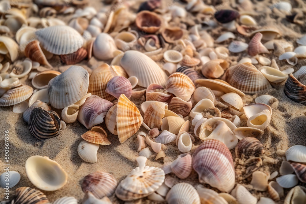 Beach Landscape  Seashells scattered across the sand 4- AI Generative