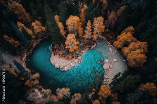 Aerial image of trees with brown leaves next to a pool of water. Generative AI