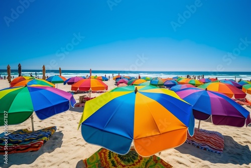 Beach Landscape Brightly colored beach umbrellas creating a mosaic of shade 2- AI Generative