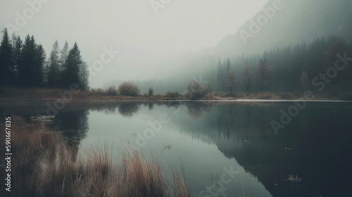 Morning fog over a beautiful lake surrounded by pine forest. Outdoors / Nature background, generative ai