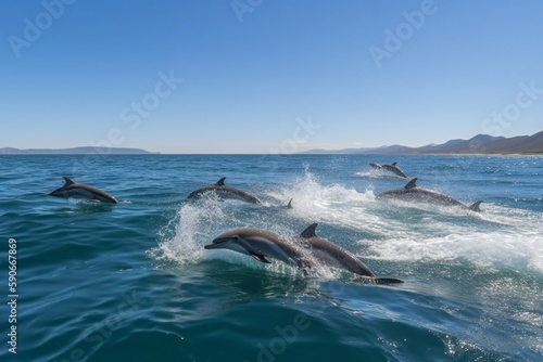 Beach Landscape  Dolphins playfully leaping in the distance - AI Generative