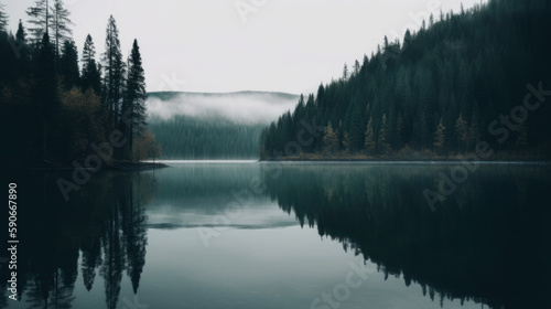 Overcast sky over a beautiful lake surrounded by pine forest. Outdoors / Nature background, generative ai