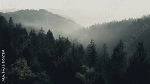 Morning fog over a beautiful pine forest. Outdoors / Nature background, generative ai