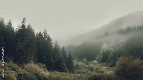 Morning fog over a pine forest and mountain landscape. Outdoors   Nature background  generative ai