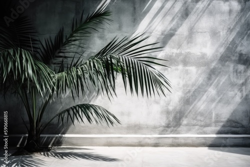 solitary palm tree standing tall against a concrete wall. Generative AI