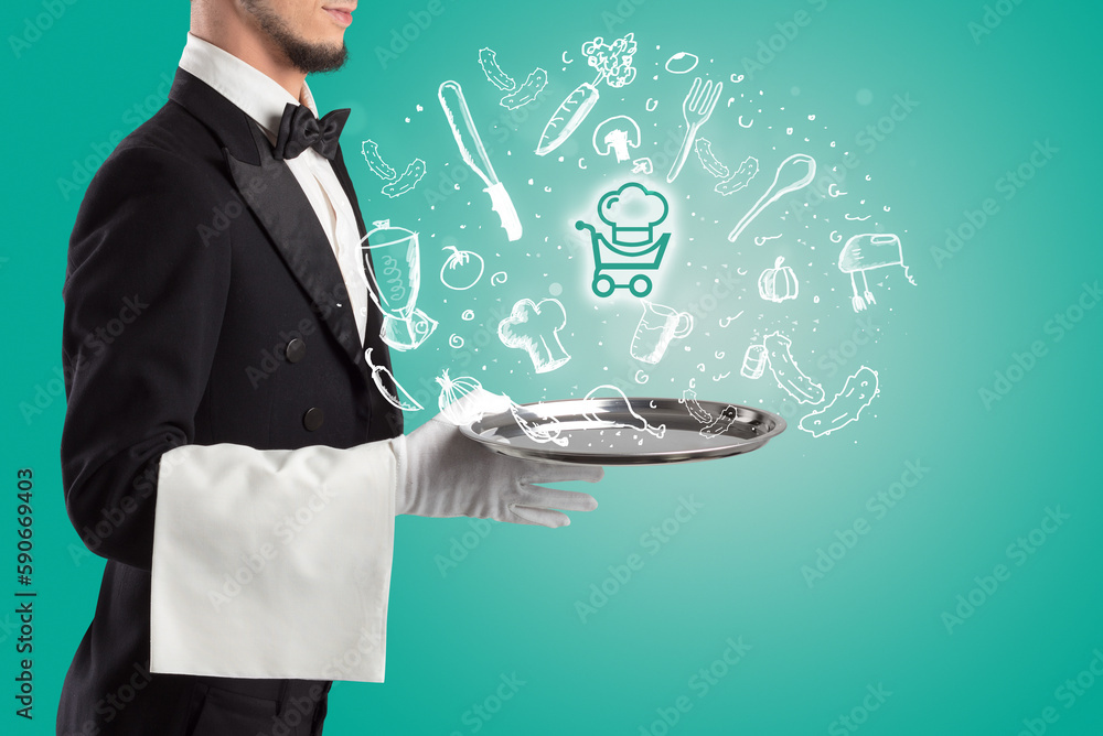 Waiter holding silver tray with food icons above Waiter holding silver tray with food icons above