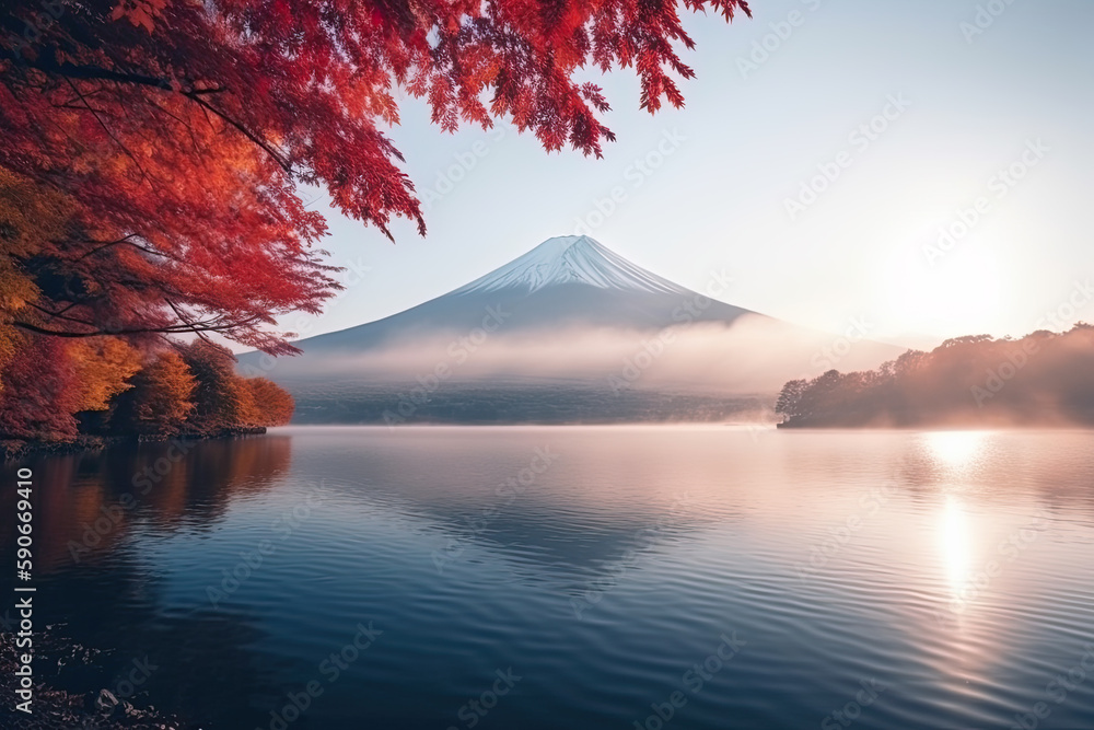 Mountain Fuji with morning fog and red leaves at lake Kawaguchiko. Generative Ai. 