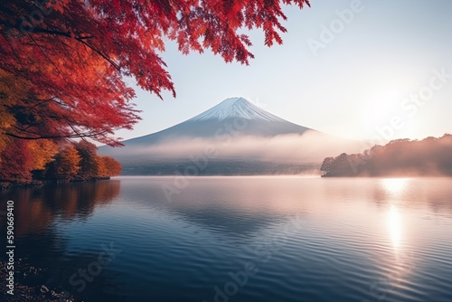 Mountain Fuji with morning fog and red leaves at lake Kawaguchiko. Generative Ai. 