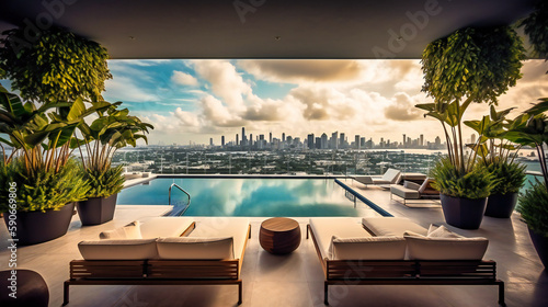 A stunning image of a luxurious penthouse terrace with a swimming pool overlooking Miami's skyline