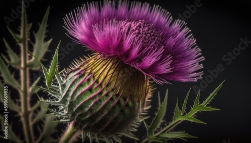 Extreme close-up of a pink spear thistle blossom, photographed vertically. Generative AI photo