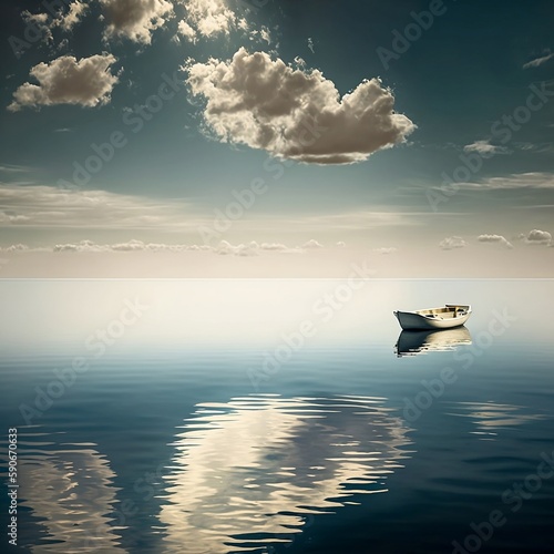 Small boat in the middle of the calm ocean Generative AI © Digitalex.AI
