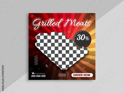 Grilled meats advertisement. vector meats advertising social media post template design square