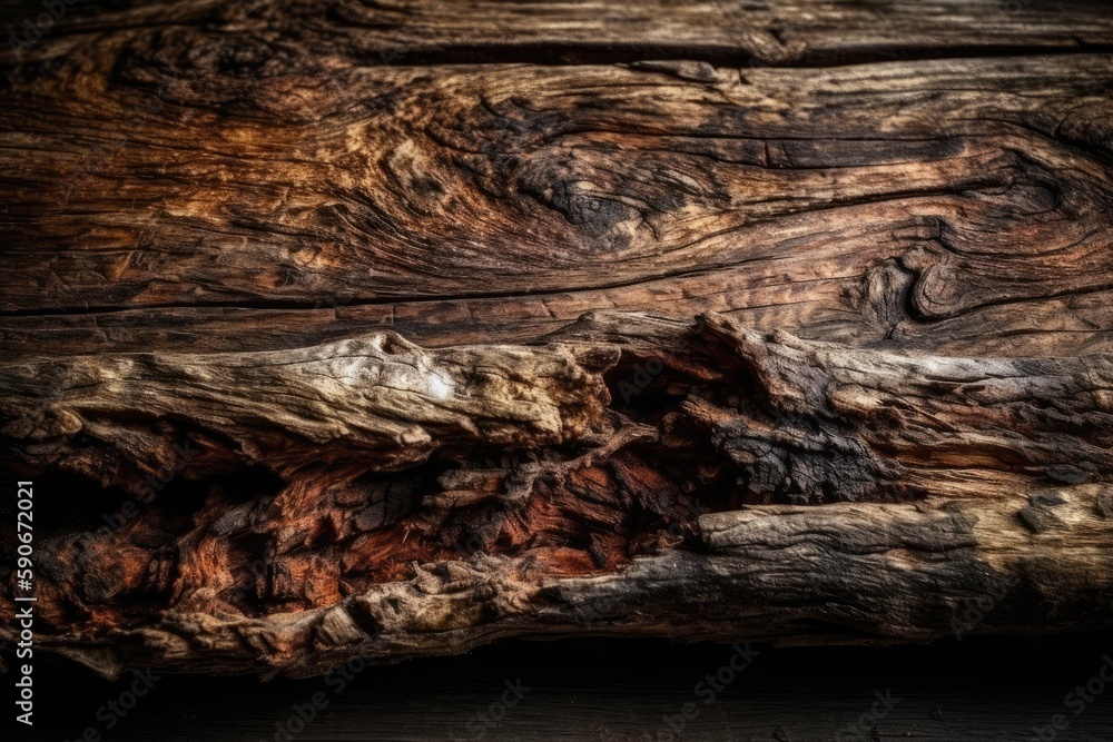 close-up view of a weathered wooden texture with cracks and knots. Generative AI close-up view of a weathered wooden texture with cracks and knots. Generative AI