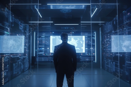 Businessman in Suit Standing in Front of Lots of Monitors with Data Information in Office Space AIMade with Generative AI