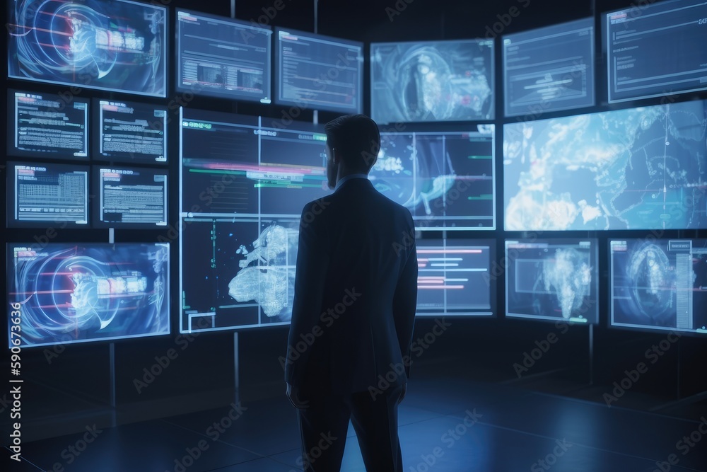 Businessman in Suit Standing In Front of Monitors in Office for Computer Aided Engineering Made with Generative AI Businessman in Suit Standing In Front of Monitors in Office for Computer Aided Engineering Made with Generative AI