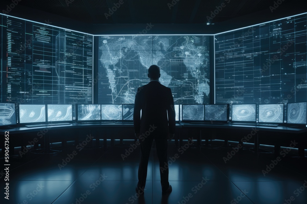 Fototapeta premium Businessman in Suit Standing In Front of Monitors in Office for Computer Aided Engineering Made with Generative AI