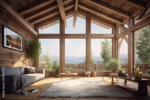 Exposed Wood Cabin in Luxury Destination Family Room with Vaulted Ceiling and Mountain Valley ViewsMade with Generative AI
