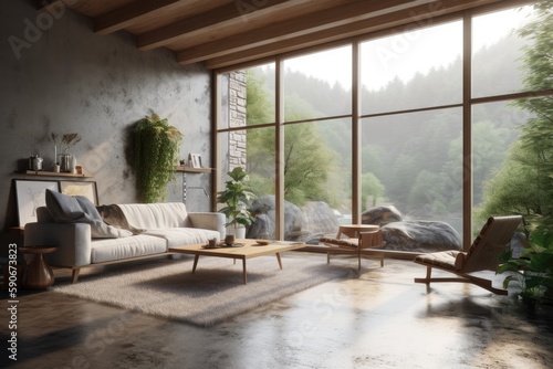 Indoor Plants in Styled Concrete Modern Living Room Interior with Mountain Forest Views Made with Generative AI © Bryan