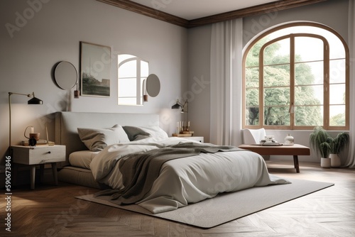 Natural Light Spanish Modern Bedroom Interior with Grey and White Bedding and Wood Frame Arch Window and Hardwood Floors Made with Generative AI