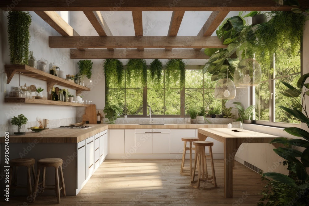 Fototapeta premium Luxury Jungle Modern Kitchen Interior with Indoor Plants and Home Styling and Skylights Made with Generative AI