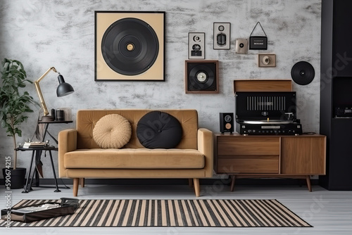 Modern living room with stylish interior and retro-style sofa, mock-up poster frame, vintage record player, and unique personal accessories. Template for a hipster space, generative AI