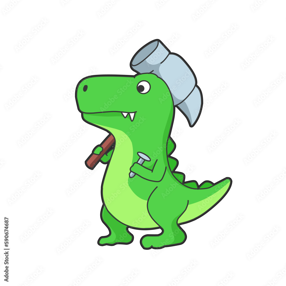 Naklejka premium vector cartoon illustration of a dinosaur carrying a hammer and nails. Labor Day