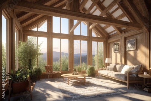 Sunny Sustainable Residential Family Room Interior with Vaulted Wood Ceilings and Luxury Nature Mountain ViewsMade with Generative AI