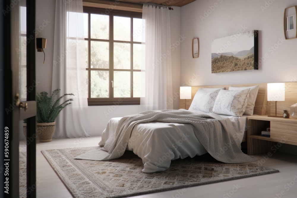 Staged Bedroom Interior with Area Rug and Wall Art Made with Generative AI