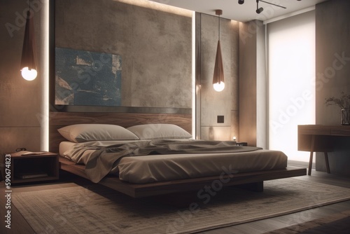 Dreamy Industrial Modern Primary Bedroom Interior with Luxury Light Fixtures and Clean Bed Made with Generative AI