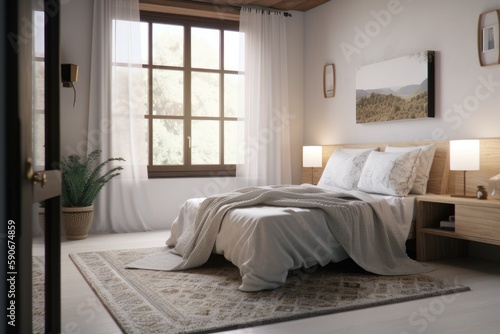 Staged Bedroom Interior with Area Rug and Wall Art Made with Generative AI © Bryan