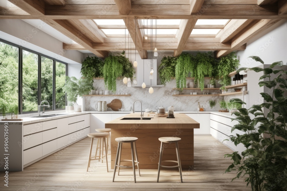 Fototapeta premium Sustainable Luxury Kitchen Interior with Wood Ceiling and Skylight Open Concept Made with Generative AI