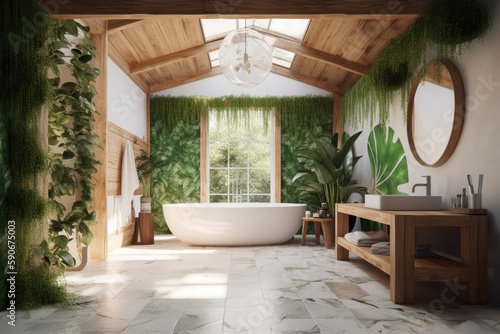 Spring Primary Bathroom Interior with Moss Hanging From ceiling and White Soaking Tub with Skylights Above Made with Generative AI