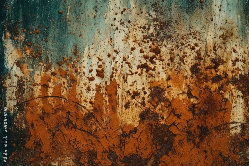 weathered metal surface with orange and blue paint chips. Generative AI weathered metal surface with orange and blue paint chips. Generative AI