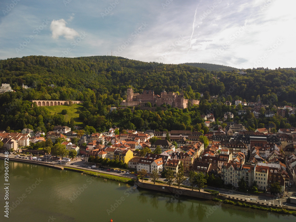 Naklejka premium Heidelberg skyline aerial view from above skyline aerial view of old town river