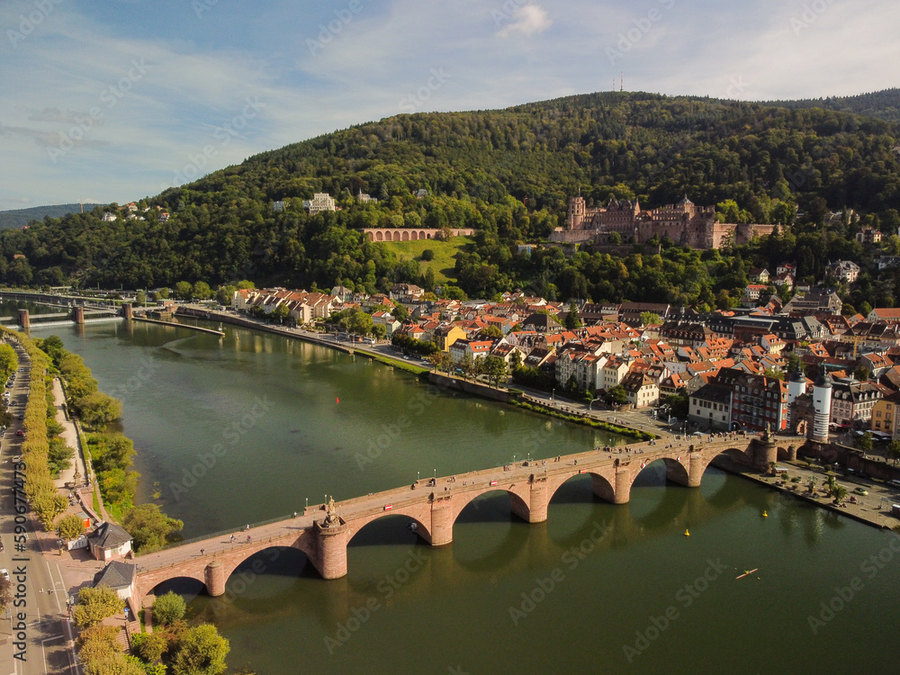 Obraz premium Heidelberg skyline aerial view from above skyline aerial view of old town river