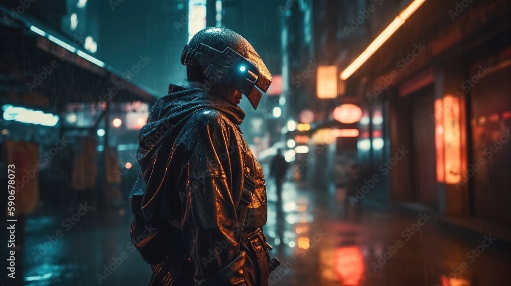 Cybernetic knight patrolling the streets of a futuristic city. Generative AI
