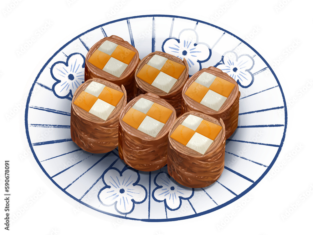 和食器に盛った八幡巻きのリアルなテイストの手描きイラスト