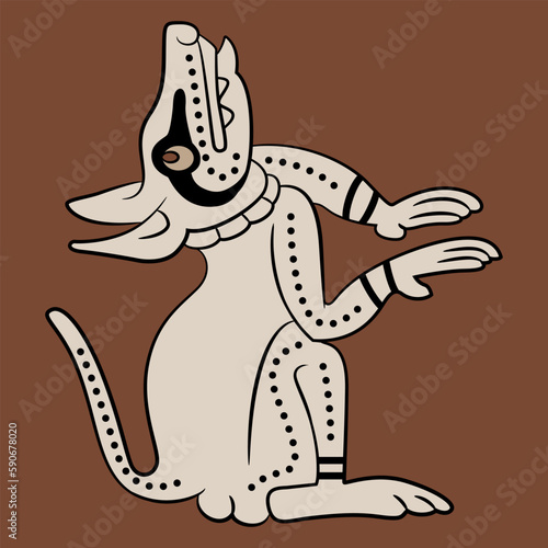 Funny seated dog puppy or stylized coyote. Native American animal design from Mayan codex. On brown background.