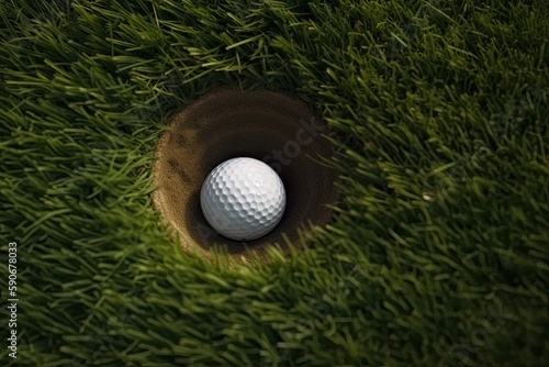 Golf Ball Hole In One With Green Copyspace Generative AI photo