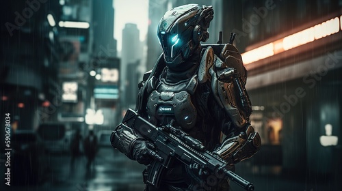 Cybernetic knight patrolling the streets of a futuristic city. Generative AI