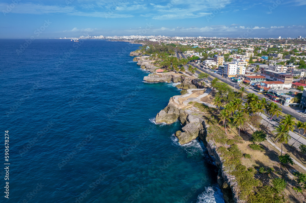 Dominican Republic Santo Domingo, beautiful Caribbean sea coast with turquoise water, top view.