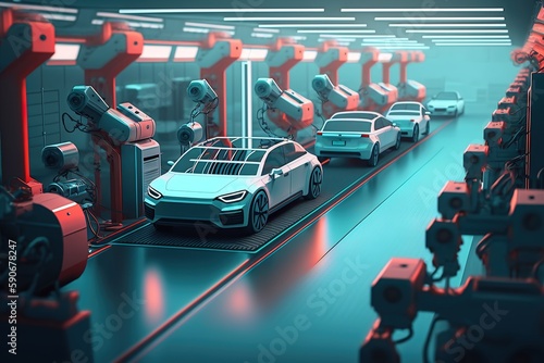 futuristic electric car production line. Generative ai © DZMITRY