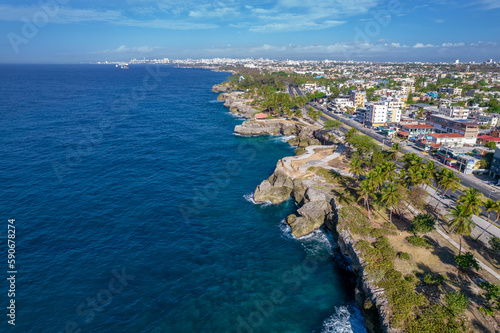 Fototapeta Naklejka Na Ścianę i Meble -  Dominican Republic Santo Domingo, beautiful Caribbean sea coast with turquoise water, top view.