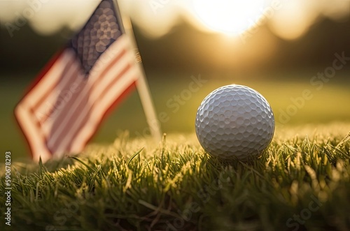 American Flag And Golf Ball On Green With Copy Space At Dusk Generative AI