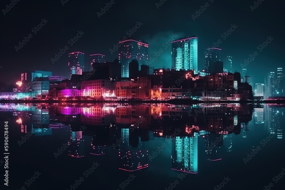 City on the ocean, neon lights of the metropolis. Reflection of neon lights in the water. Modern city with high-rise buildings. AI