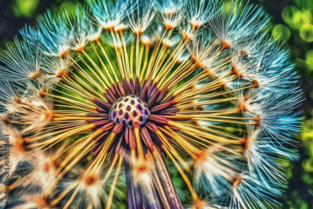 macro view of a dandelion with fluffy seeds. Generative AI macro view of a dandelion with fluffy seeds. Generative AI