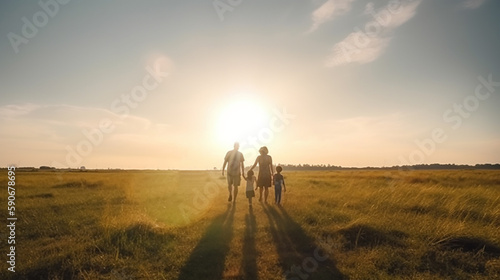 Photographie family looking for the cross on autumn sunrise background ,concept  : worship  a