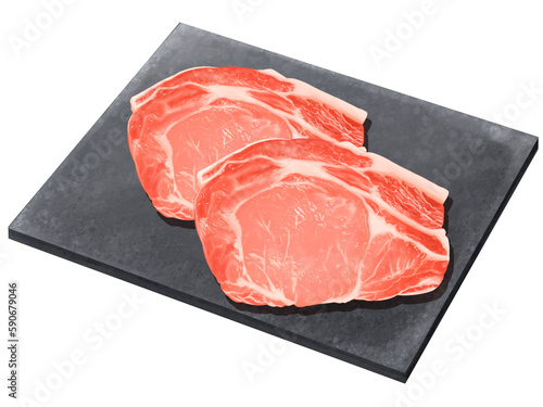 オシャレな黒のプレートに載った豚ロース肉の美味しそうでリアルテイストの手描きイラスト